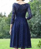 MQTIME  -  Navy Lace Mother of the Bride Dresses Boat Neck Three Quarter Sleeves Ziper Back Tea Length Wedding Party Dresses
