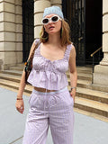 MQTIME  -  Striped Lace Up Women Trouser Suits Sleeveless Backless Ruffles Strap Crop Top High Waist Pants 2024 Summer New Chic Lady Sets