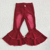  MQTIME  -  Baby Girls Denim Western Brown Cow Print Bell Bottom Kids Children Toddler Flared Pants Double Lace Pocket Jeans