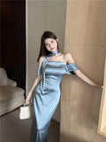 MQTIME  -  Satin Halter Sleeveless Transparent Slip Solid Zip Up Elegant Sexy Maxi Prom Dress Summer Women Wedding Party Vestido Outfit