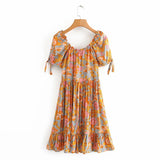 MQTIME  -  Boho Mini Dress Round Neck Short-sleeved Printing Dress A-line Hippie Holiday Dresses Floral Cotton Summer Vestidos