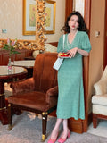 MQTIME  -  French 2024 Spring/Summer New Chiffon V-Neck Dress with Bubble Sleeves and Waist Wrapped Mid length Fragmented Flower