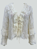 MQTIME  -  New See-Through French ruffle lace Leaf Pattern Flared Sleeve Cardigan Sexy Elegant Beige Slim Woman Clothes Blouse Party Tops