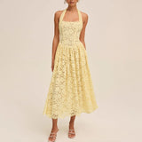 MQTIME  -  Fashion Backless Pleated Beach Dresses Sexy Women's Halter Hollow Out Holiday Dress Lace High Waist Slim Fit Summer Long Dress