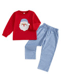 MQTIME  -  Kids Christmas Outfit Santa Claus Printed Long Sleeve Hoodie Top and Plaid Elastic Waist Pants with Pockets 2Pcs Set for