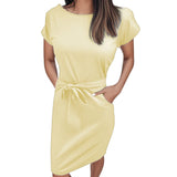 MQTIME  -  Summer Women Versatile Dress With Belt Casual Short Sleeve Round Neck Fashionable Dress Outfits Holiday Midi Sundress Vestidos