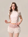 MQTIME  -  Pink Pearl Ruffles Shorts Skirts Women Kawaii A-line Shorts with Lace Ballet Cutecore Summer Sweet Girl Elastic Bottoms