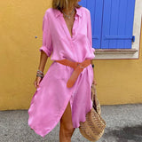 MQTIME  -  Women Simple Single-breasted Shirt Dress Fashion Long Sleeve Mid-Length Beach Summer Side Slit Sundress with Belt