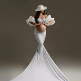 MQTIME  -  Elegant White 3 Pieces Maternity Dress Photoshoot Bubble Short Sleeve Stretch Mermaid Maternity Gown Pregnancy Dress Outfit