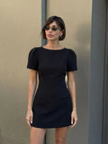  MQTIME  -  Women Vintage Black Short Puff Sleeve Dress Slim A-Line Mini Dress Fashion Summer Casual Basics Office Lady Chic Dresses