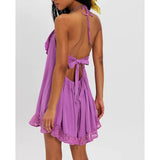 MQTIME  -  Women Lace-up Halter V-Neck Sleeveless Tied Open Back Solid Ruffle Trim Decor Summer Layered Flowy A-line Mini Dress