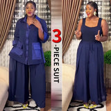 MQTIME  -  Women's There Piece Sets 2025 Spring And Summer New Women's Solid Color Casual Cardigan Top Wide Legged Pants Suit Two-Piece Set