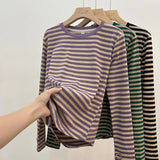 Mqtime Purple Black Autumn Long Sleeve Maternity O-Neck Nursing Top Breastfeeding Striped Shirt Postpartum Woman Zip Fly Lactation Tees