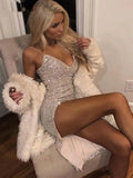 MQTIME  -  Women's Sexy Evening Party Sequined Glitter Silver Deep V-neck Thin Spaghetti Straps High Split Bodycon Long Dress