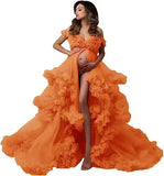 MQTIME  -   Sexy Maternity Gowns Photoshoot V Neck Ruffles A Line Sweep Train Tulle Pregnant Women Maternity Dresses for Photo Shoot