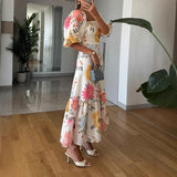 MQTIME  -  Elegant Square Neck Bubble Sleeve Long Dress Women Fashion Patterns Print Bohemian Dress Summer Casual Waist A-Line Party Dress