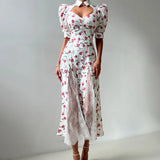  MQTIME  -  Summer New Design Style Lace Splicing Temperament Collection Waist Bubble Sleeve Long Dress for Women