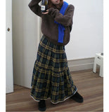 MQTIME  -  Women Vintage Green Plaid Tiered Midi Skirts Elastic High Waist A Line Ruffled Cake Skirt Autumn Casual Preppy Style Long Skirts