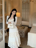 MQTIME  -  Spring Elegant Knitted Dress Women Lace Patchwork Koeran Princess Midi Dress Female Casual Sweet Even Party Fairy Dress