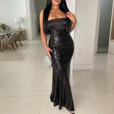 MQTIME  -  Temperament Strapless Sequins Wedding Party Dress Sexy Off Shoulder Bow Decoration Slim Long Dress Lady Solid Backless Prom Gown