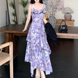 MQTIME  -  Spring New Women French Sleeveless Retro Camisole Dress Irregular Mesh Printed Dress Slim Ruffles Long Fairy Dress