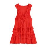 MQTIME  -  Summer New Arrivals Women's Retro Casual French Ruffle Sleeveless V-Neck Cake Skirt Fashion Mini Dress