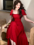 MQTIME  -  Summer New Dot Print Women Slim Red Dress French Vintage A-line Lady Clothes For Eve Prom Casual Short Sleeve Fiesta Maxi