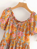 MQTIME  -  Boho Mini Dress Round Neck Short-sleeved Printing Dress A-line Hippie Holiday Dresses Floral Cotton Summer Vestidos