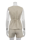 MQTIME  -  2024 Spring Summer Women Office Linen Shorts Set Sleeveless V-neck Outfit Solid Khaki 2 Piece Matching Sets For Women