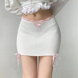 MQTIME  -  Knitted White Short Skirts Cute Sexy Low Waist Bow Trim Women Mini SKirt Back Slit Lace Up E-girl Fairycore 2000s Grunge Kawaii