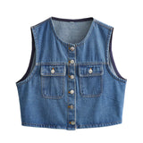 MQTIME  -  Women Summer New O Neck Sleeveless Dew Shoulder Street Style Solid Vest Single-Breasted Pocket Decorated Denim Vest Mujer