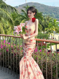 MQTIME  -  Rose Hanging Neck Bra Flower Fishtail Long Dress Summer New French Vintage Waist Slimming Print Long Strapless Dress for Women