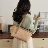  MQTIME  -  Women's Khaki Straw Weave Leather Patchwork Tote Bag Vacation Casual Aesthetic Beach Daily Shoulder Handbag Summer Trend