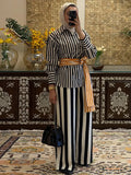 MQTIME  -  Chic Spliced Belt Stripe Shirt Lapel Collar Long Sleeve Autumn Women Street Casual Daily Blouse Fashion Trendy Ladies Top