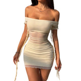 MQTIME  -  Spring Women's Clothing Off Shoulder Sheer Ruffle Wrap Bodycon Dress For Woman Polyester Milk Silk Elegant Party Short Mini