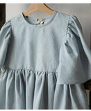  MQTIME  -  Summer Retro Linen Loose Flared Sleeve Dress Girls New Solid Color Cotton And Linen Casual Back Bow Tie Princess Dresses