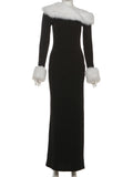  MQTIME  -  Furry Patchwork Christmas Dress Women Winter Elegant Trend Diagonal Collar Split Hem Full Sleeve Party Club Vestidos