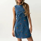 MQTIME  -  Spring O Neck Slim Straight Dress Vintage Strawberry Print Denim Dresses Women Summer Sleeveless Backless Tie-up Mini Dress