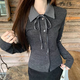 MQTIME  -  Polo Collar Plaid Bow Lace-up Casual Long-sleeved Shirt Women 2025 Spring New Korean Single-breasted Threaded Knitted Tops