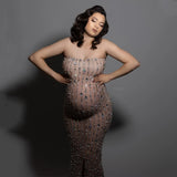 MQTIME  -  Rhinestone Bandeau Maternity Dress For Photo Shooting See Through Pregnant Woman Photography Outfit