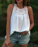 MQTIME  -  New Women's Fashion Versatile Sleeveless Lace Crochet Splicing Hollow Out Casual T-Shirt Top
