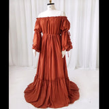 MQTIME  -  Boho Pregnant Dress Comfortable Linen Cotton One Shoulder Lace Long Sleeved Dress Photography Dress For Women