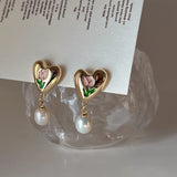 Mqtime French Vintage Drop Oil Tulip Metal Heart Pearl Earrings Autumn Winter Fashion Elegant Temperament Female Earrings Jewelry