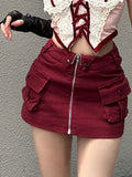 MQTIME  -  Sexy Red Zipper Mini Skirt Hotsweet High Street Pocket Cargo Skirt Korean Style Design High Waist Slim Skirts for Women