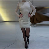 MQTIME  -  Sexy White Lace Full Sleeve Mini Dress Women O-neck Backless Hip Package Slim Waist Cinching Dresses Lady Evening Party Vestidos