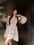 MQTIME  -  Gentle Style Dress High-end Pearl Studded V-neck Ruffled Edge Waist Cinched Short Chiffon Style Midi Vestidos