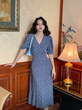 MQTIME  -  French 2024 Spring/Summer New Chiffon V-Neck Dress with Bubble Sleeves and Waist Wrapped Mid length Fragmented Flower