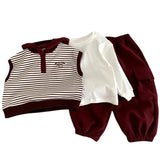 MQTIME  -  Boys Set Autumn Spring Korean Style Fashion Casual Sporty Striped Vest White Base Layer T-shirt Loose Pant Three Piece Set