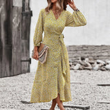 MQTIME  -  Printing Maxi Dress V Neck Bandage Boho Holiday Dress Long-sleeved Belt Lace-up Vestidos Ruffled Beach Dresses