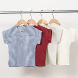  MQTIME  -  Children's Cotton Linen Striped Short-Sleeved T-Shirt Summer New Boys And Girls Round Neck Buttons Daily Casual Tops